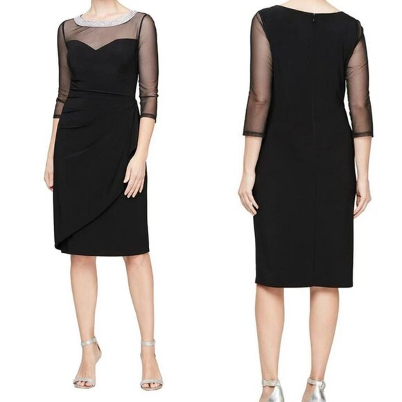 Alex Evenings Dresses & Skirts - Alex Evenings Black Mesh-Sleeve Sheath Dress with Rhinestone Neckline